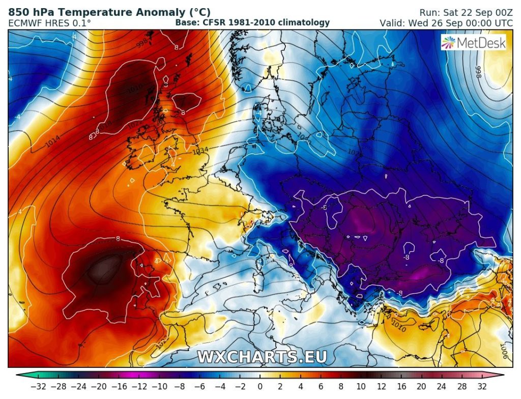 L'anomalia di temperatura rispetto alla media alla quota isobarica di 850 hPa